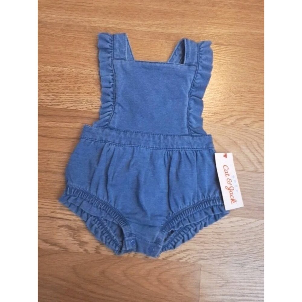 Cat & Jack Baby Blue Denim Ruffle Snap Bottom Adjustable Romper 0–3 Months New